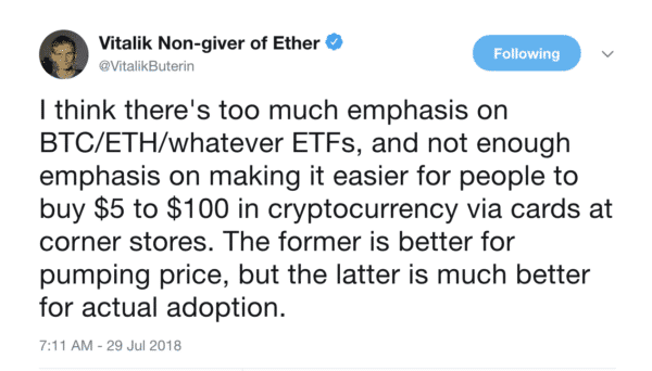 Cryptocurrency is alive and well, although in this tweet from Vitalik about how making it easier for folks to access cryptocurrency would be more beneficial than focusing on ETFs.